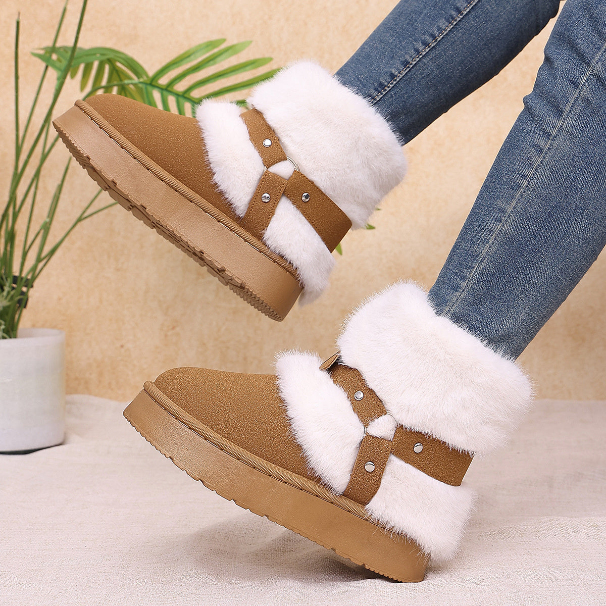 Fabric Chunky-Sole Round Toe Platform Boots