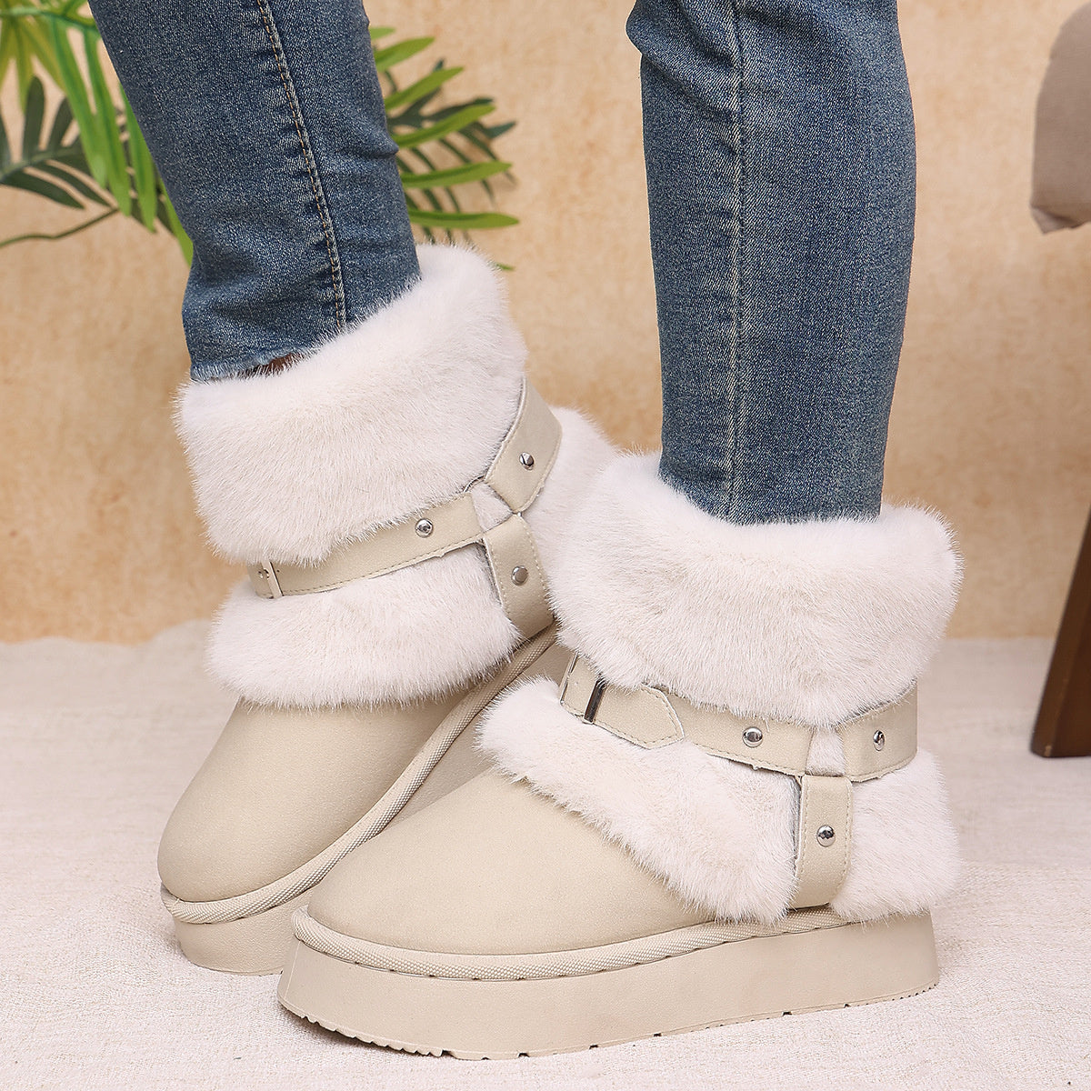 Fabric Chunky-Sole Round Toe Platform Boots
