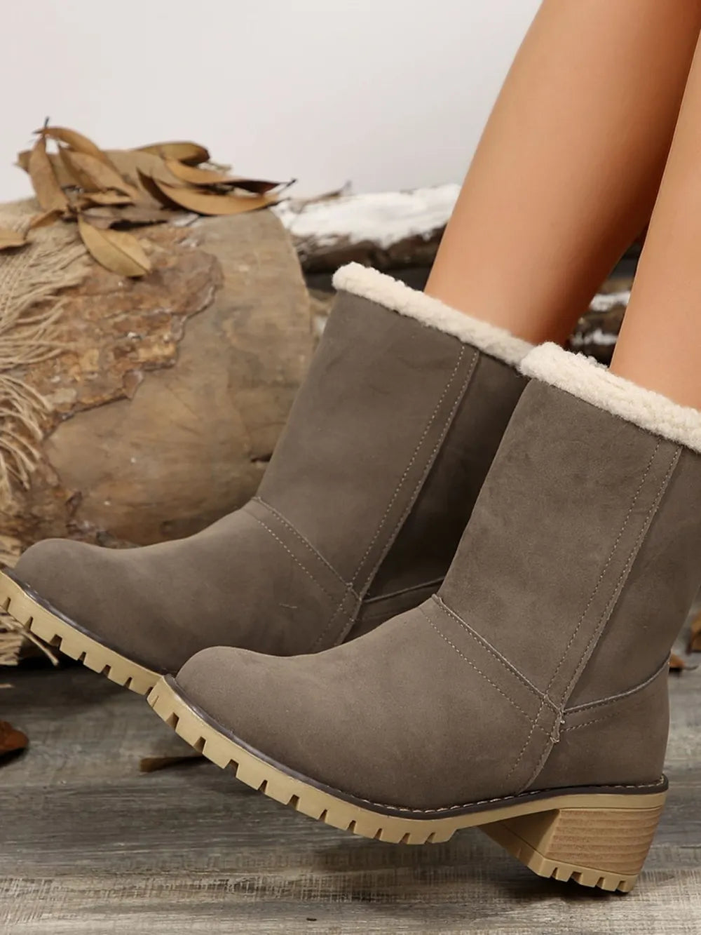 Sherpa-Trimmed Faux Suede Ankle Boots