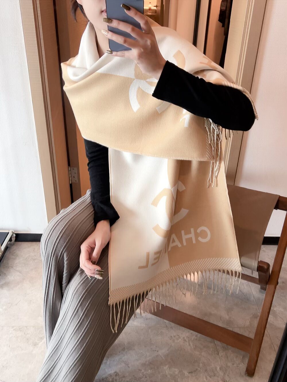 Chanel Color-Block Fringed Scarf