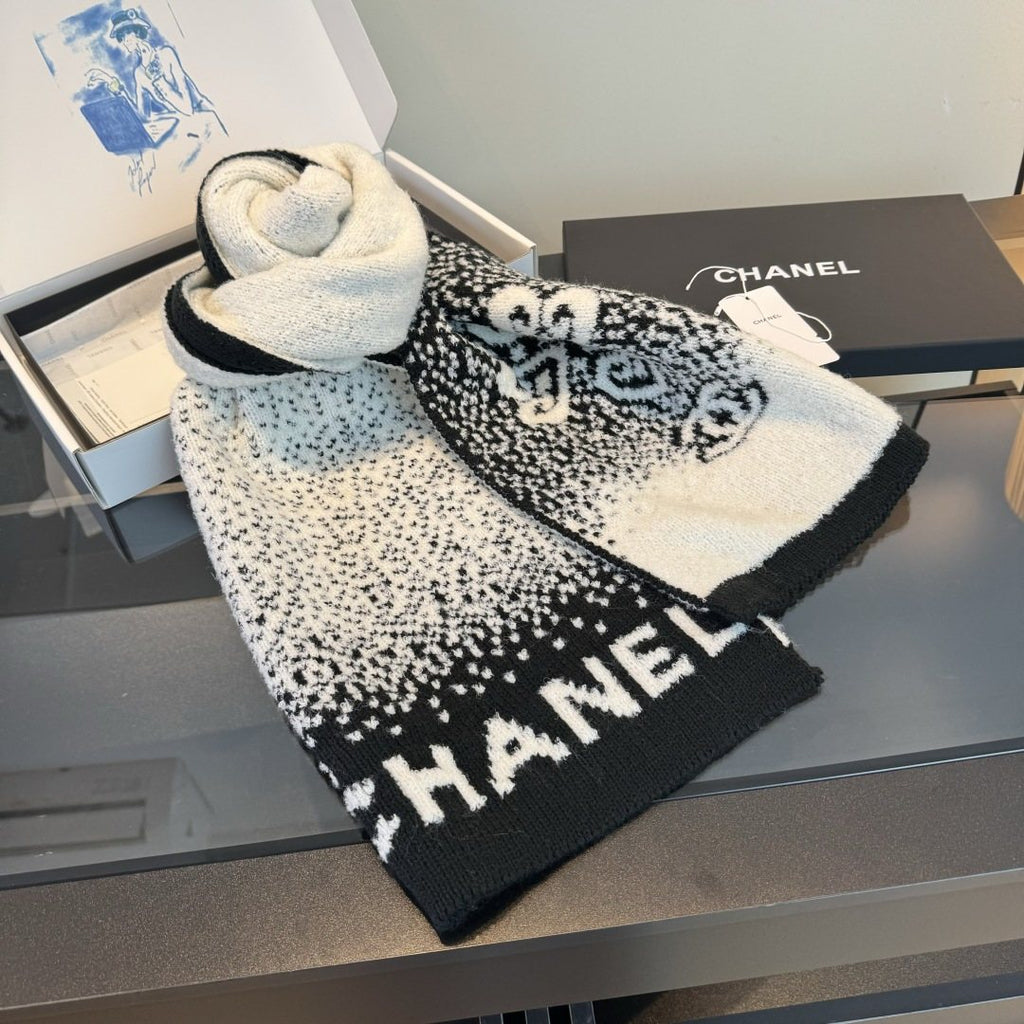 Chanel Black & Cream Logo Knit Scarf